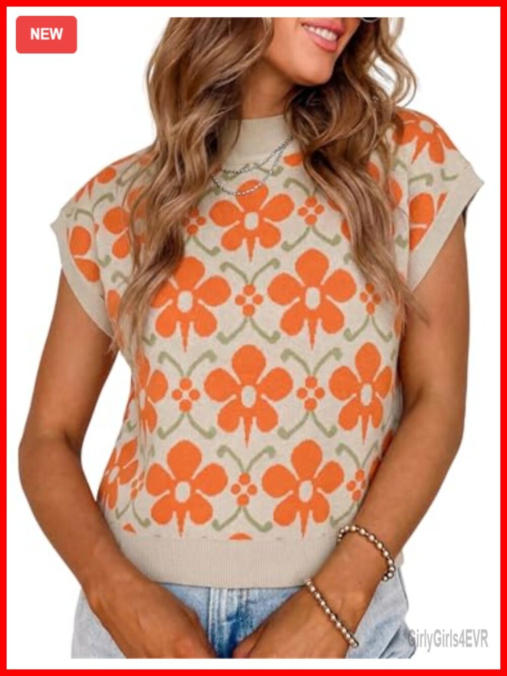 Floral Sweater Vest Mock Neck Cap Sleeve Loose Knit Pullover Women's Casual